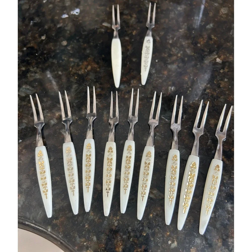 Vintage Set of 11 Appetizer Cocktail Forks White Gold Floral Heart Stainless